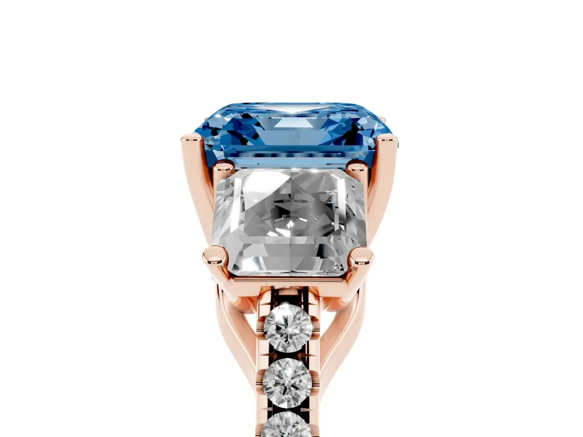 Fancy Blue Three-Stone Asscher Cut Diamond Ring with Round Pavé Band and Prong Setting Rose gold