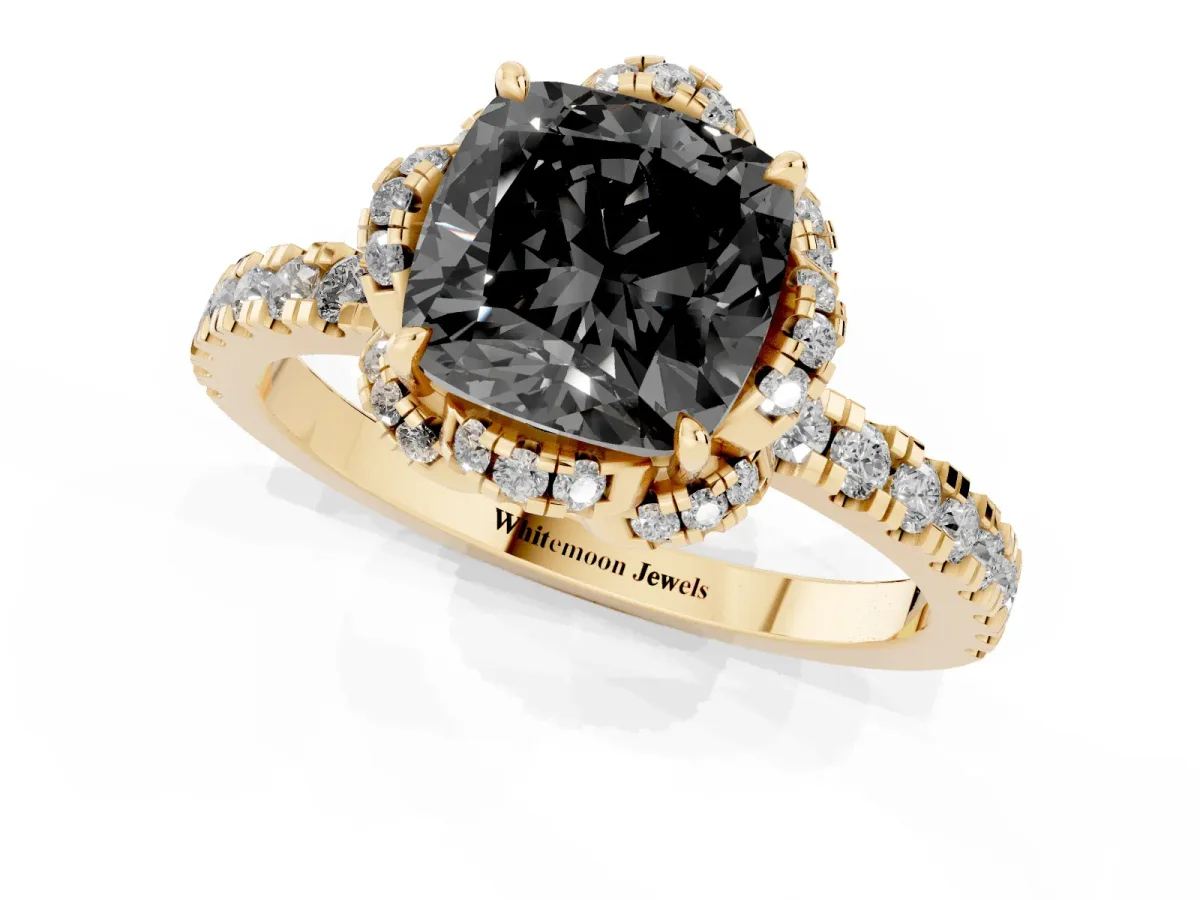 Fancy Black Cushion Cut Diamond Halo Pave Band with Four-Prong Setting Yellow gold