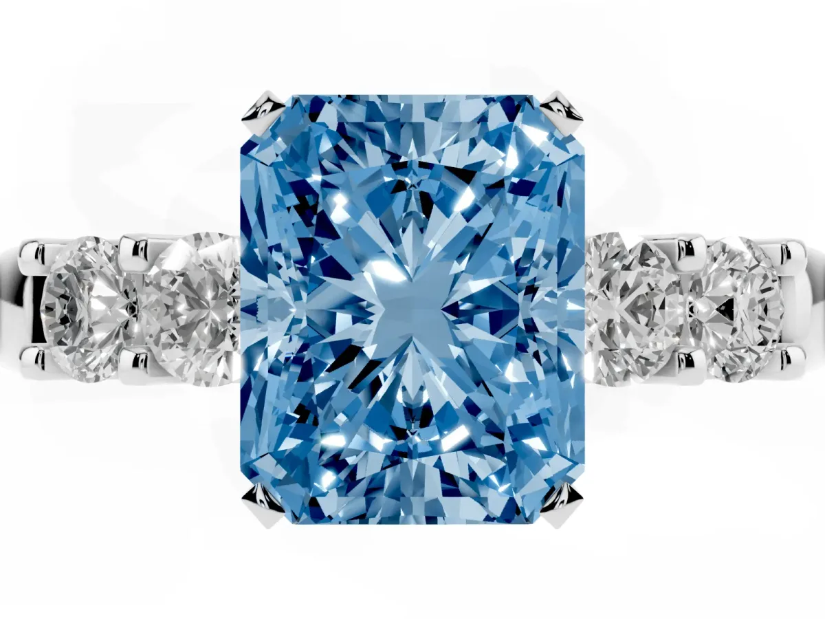 Fancy Blue Radiant Cut Brilliant Cut Diamond Five-Stone Prong Set Engagement Ring with Channel Band White gold
