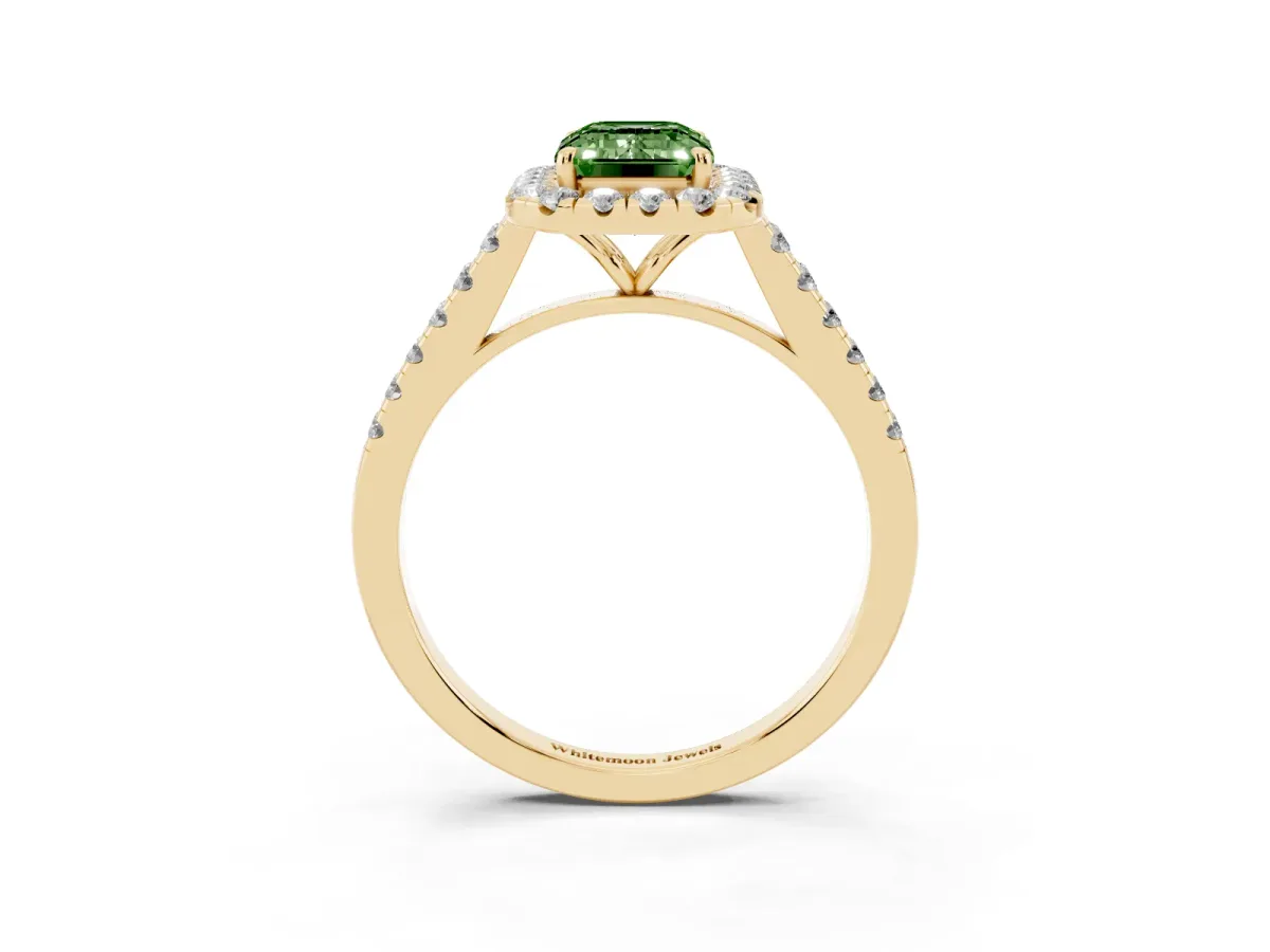 Fancy Green Emerald Cut Halo Pave Diamond Engagement Ring with Four-Prong Setting Yellow gold