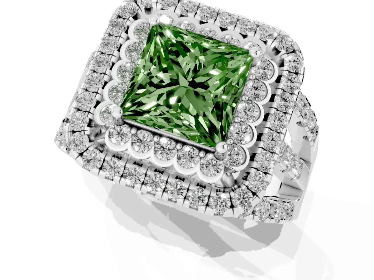 Fancy Green Princess Cut Diamond Double Halo Ring with Round Pavé Split Shank and Prong Setting Silver