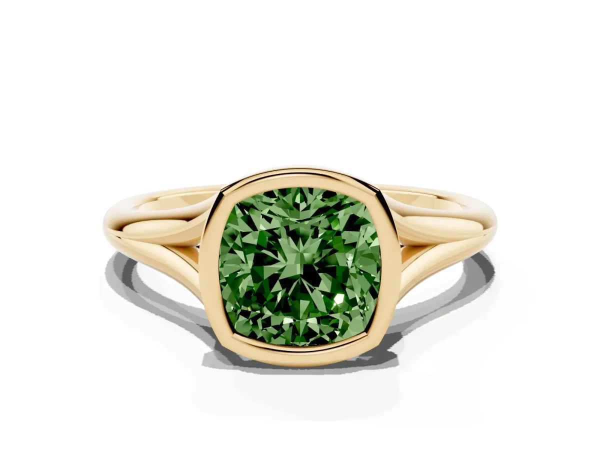 Fancy Green Bezel Set Cushion Cut Cut Solitaire Ring with Tapered Band Yellow gold