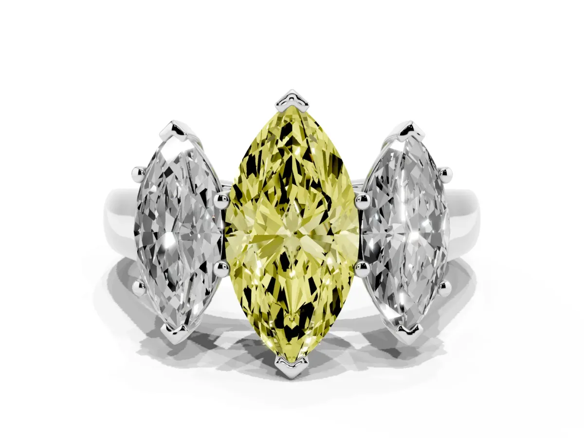 Fancy Yellow Marquise Cut Three-Stone Diamond Ring with Prong Setting on a Classic Band Silver