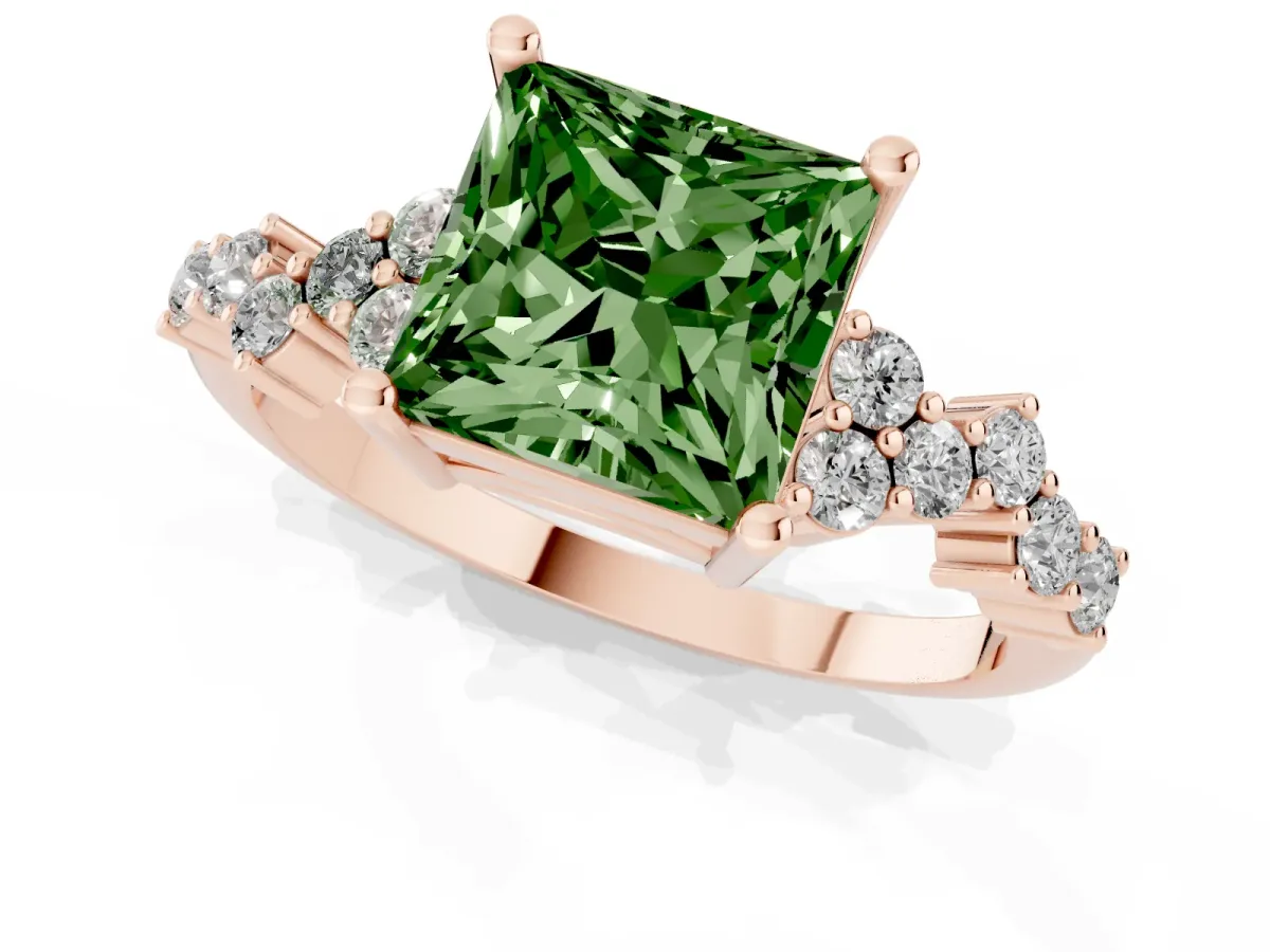 Fancy Green Princess Cut Diamond Scattered Round Accent Ring with Prong Setting Rose gold