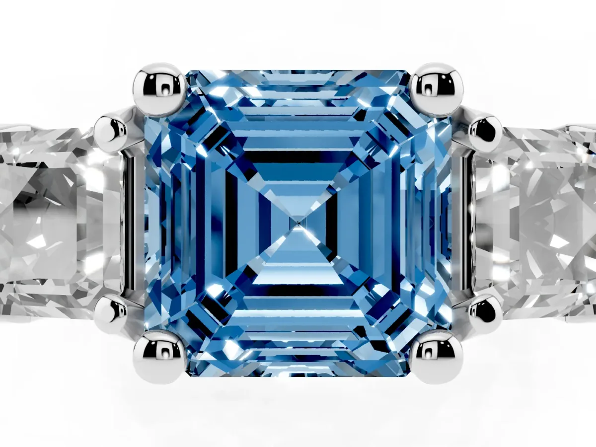 Fancy Blue Asscher Cut Diamond Three-Stone Ring with Channel Set Band and Four-Prong Setting Silver