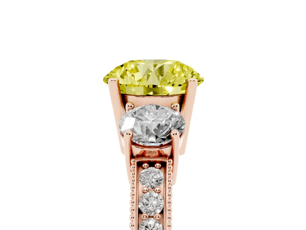 Fancy Yellow Round Cut Three-Stone Diamond Ring with Pavé Band and Four-Prong Setting Rose gold