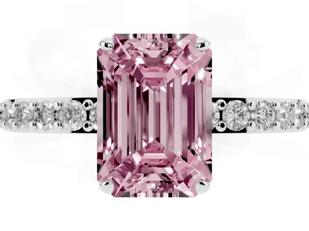 Fancy Pink Emerald Cut Diamond Pavé Engagement Ring with Round Accents and Prong Setting White gold