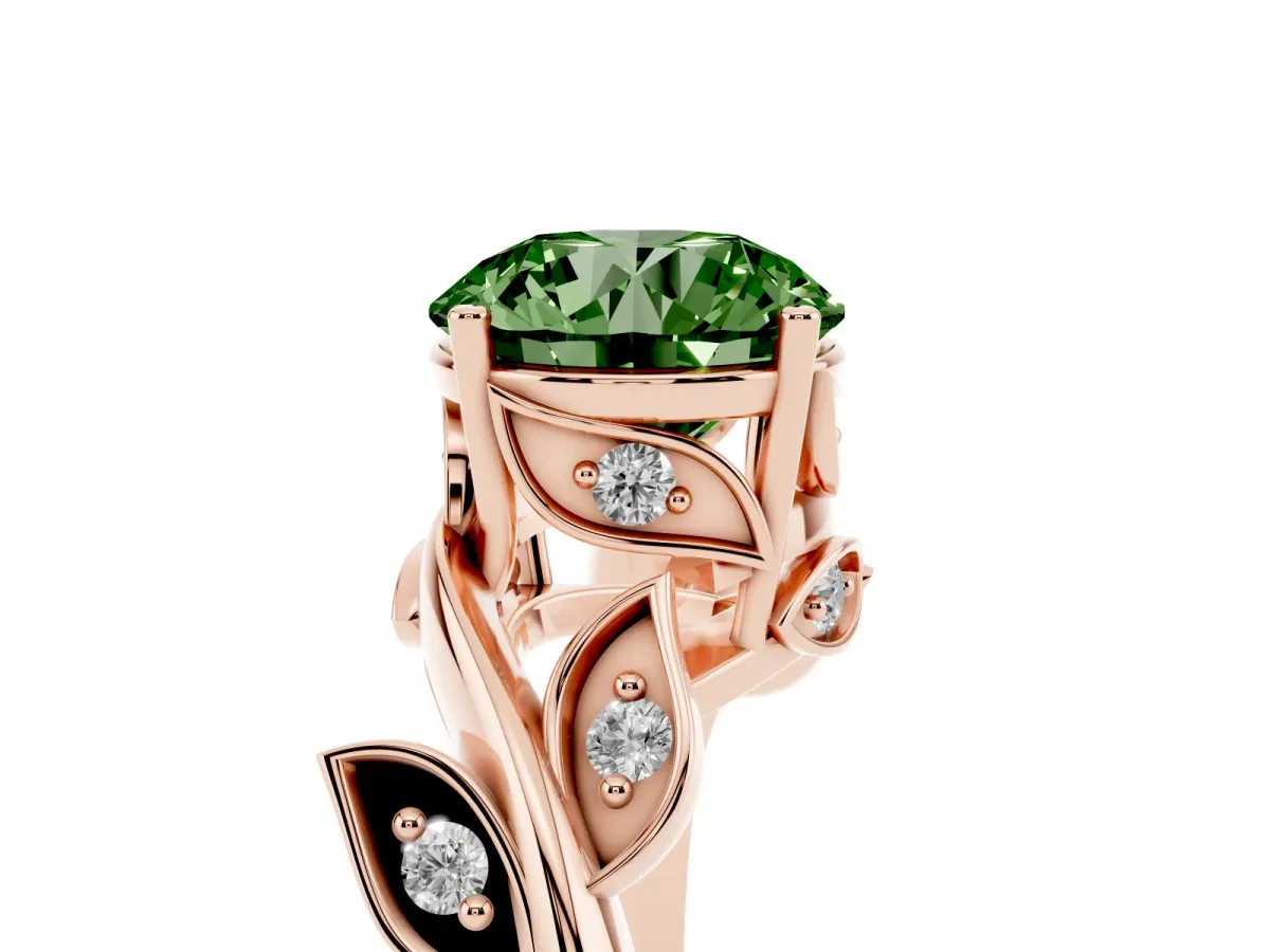 Fancy Green Round Cut Solitaire Twist Engagement Ring with Leaf Accents and Prong Setting Rose gold