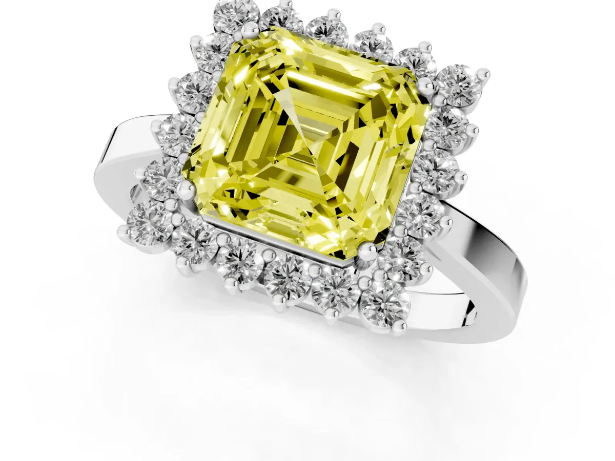 Fancy Yellow Asscher Cut Cut Diamond Halo Ring with Round Brilliant Halo and Solitaire Band Platinum