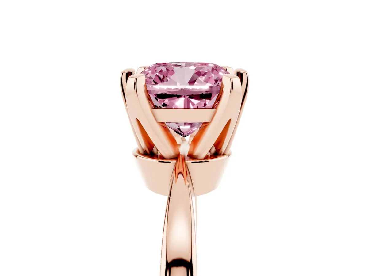 Fancy Pink Cushion Cut Solitaire Engagement Ring with Six-Prong Setting and Tapered Band Rose gold