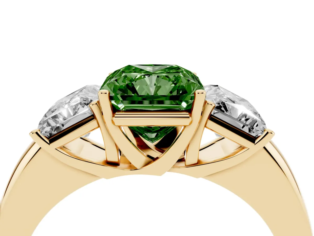 Fancy Green Radiant Cut Diamond Three-Stone Ring with Four-Prong Setting and Classic Band Yellow gold