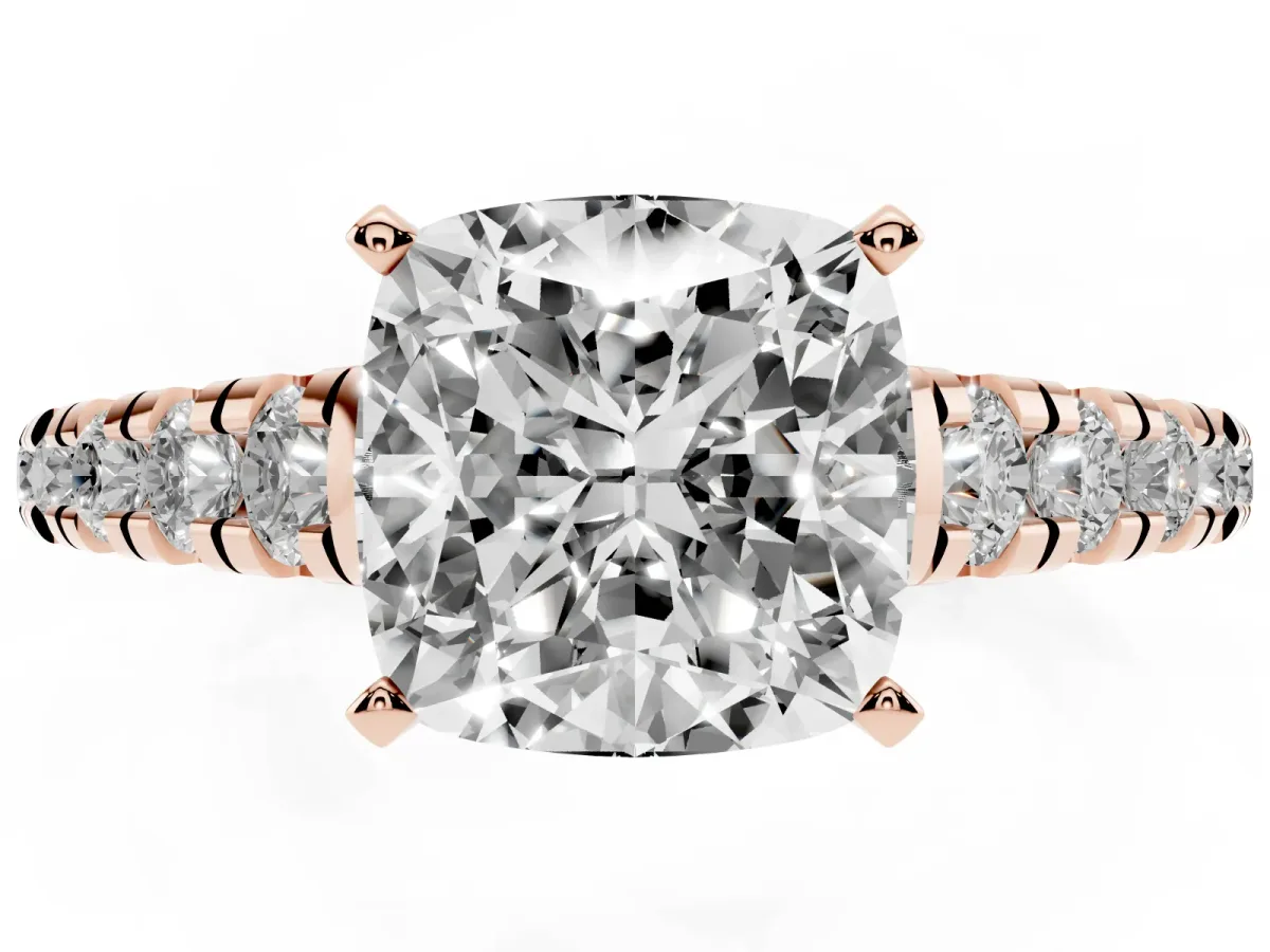 Cushion Cut Diamond Cathedral Solitaire Ring with Round Pavé Band Rose gold