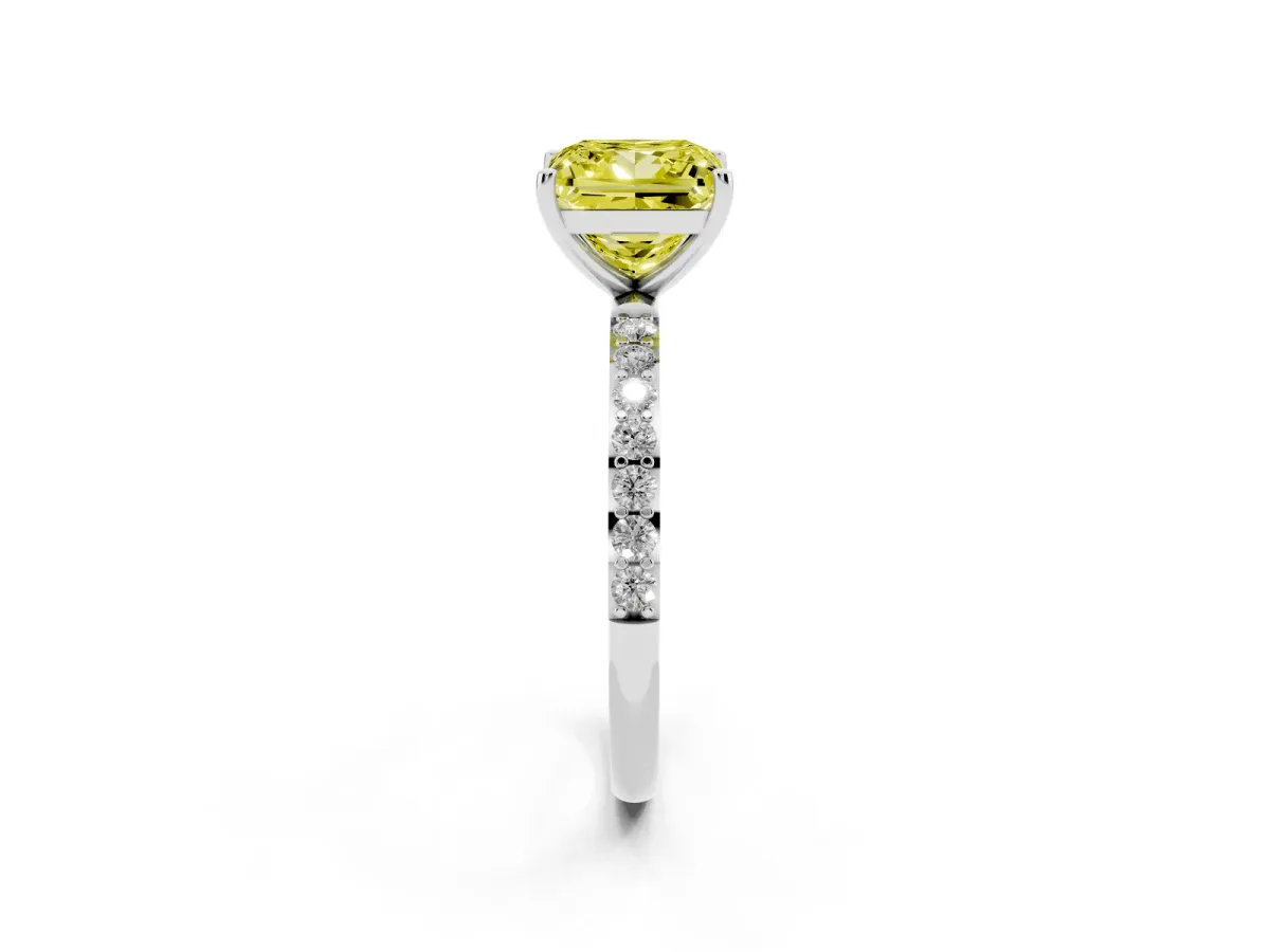 Fancy Yellow Princess Cut Diamond Solitaire Ring with Round Pavé Shoulders and Prong Setting Silver