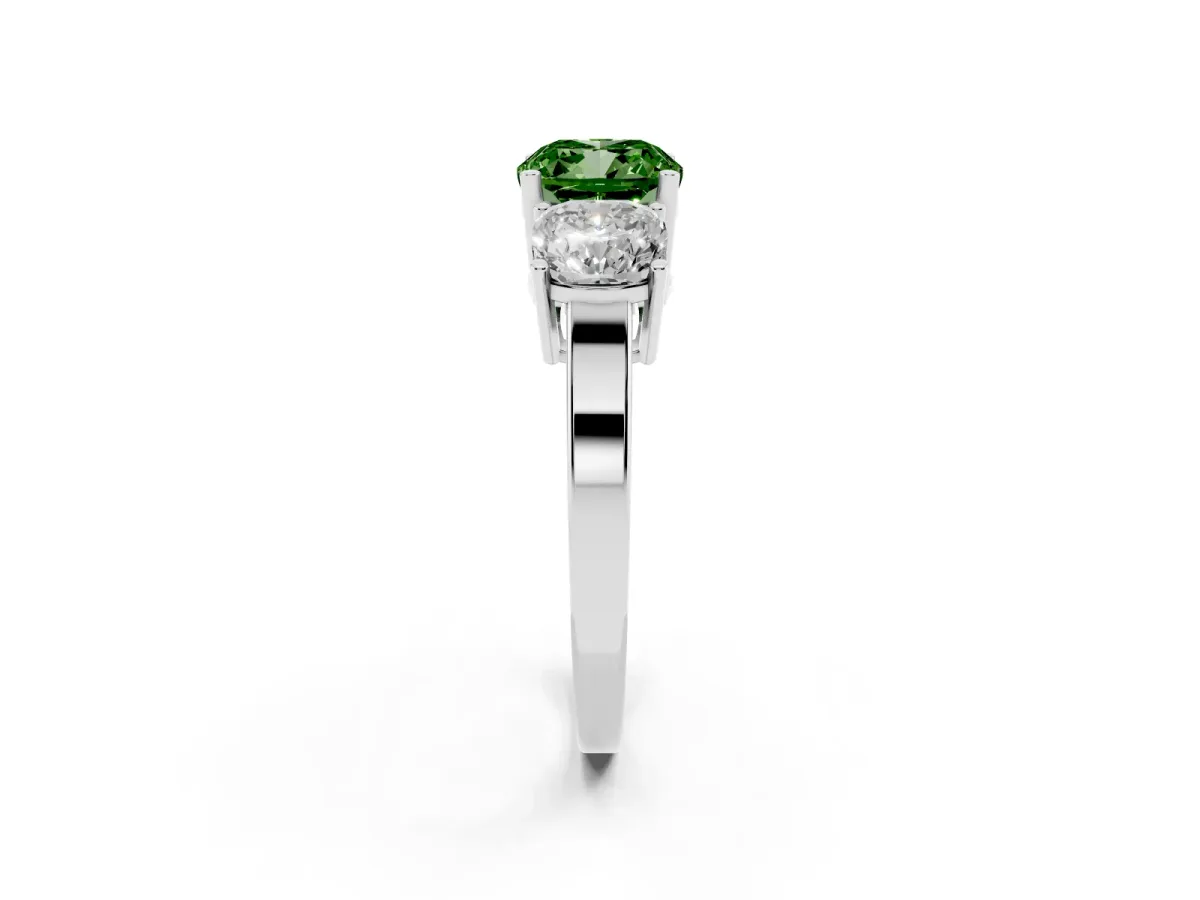 Fancy Green Three-Stone Cushion Cut Cut Diamond Engagement Ring with Flat Band and Four-Prong Setting Silver