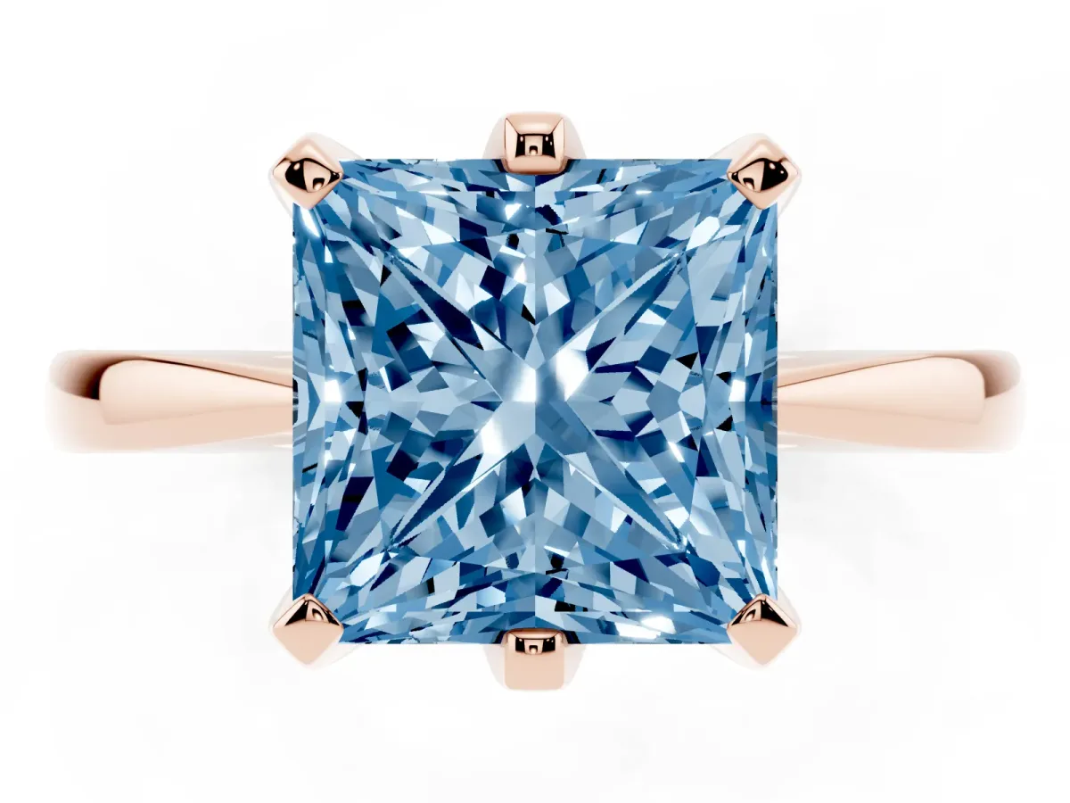 Fancy Blue Princess Cut Solitaire Engagement Ring with Six-Prong Setting and Tapered Band Rose gold