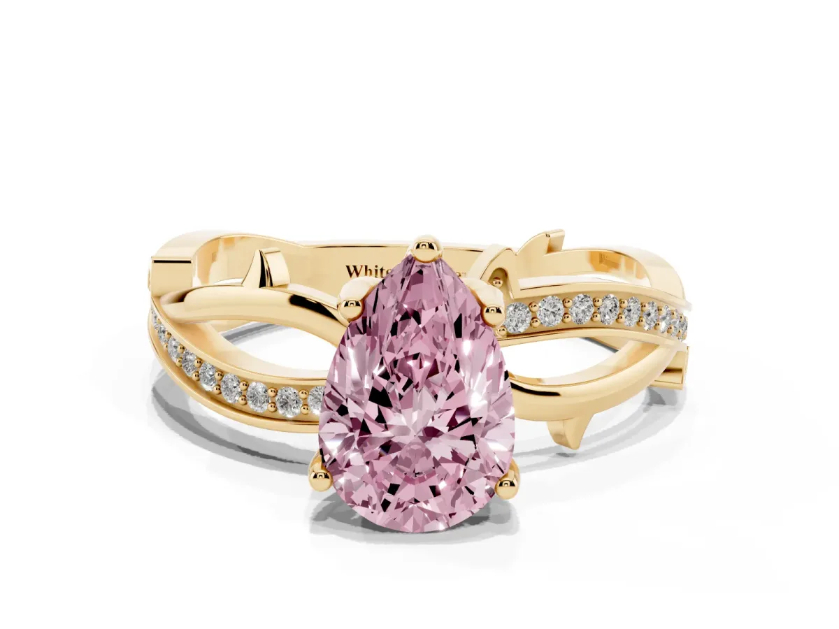 Fancy Pink Pear Cut Solitaire Twist Band with Pavé Accents and Four-Prong Setting Yellow gold