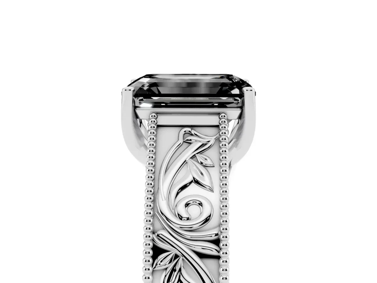 Fancy Black Emerald Cut Diamond Solitaire Ring with Engraved Band and Four-Prong Setting White gold