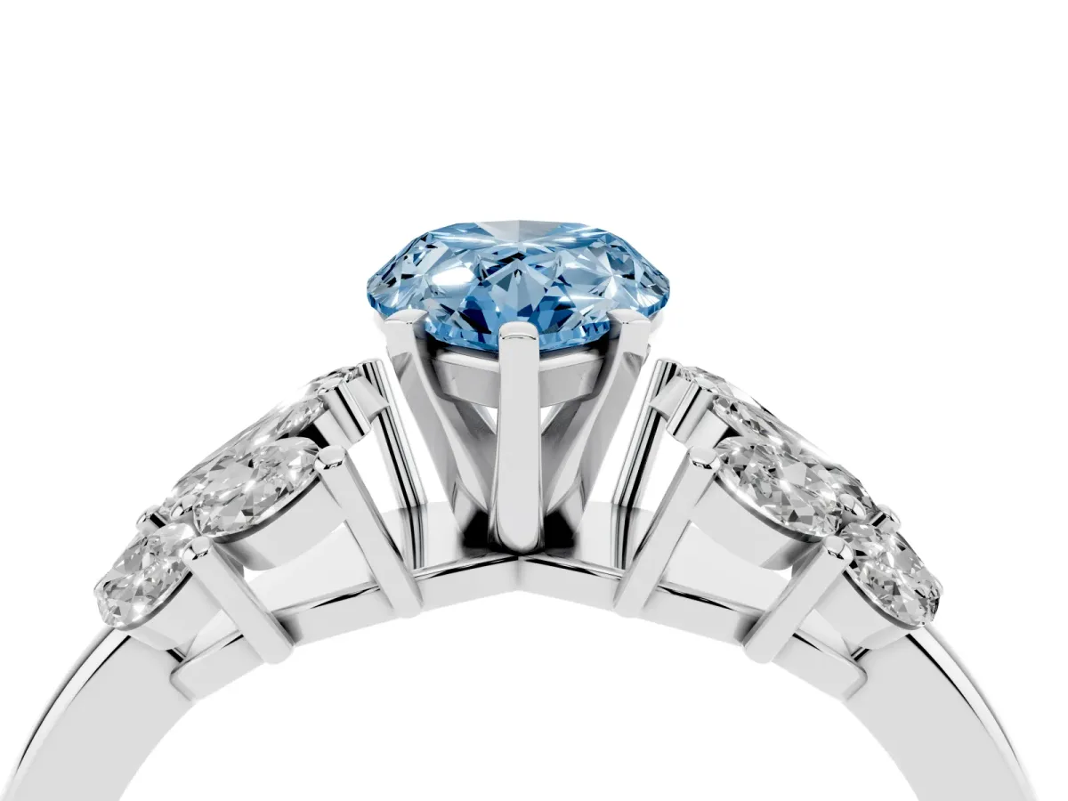 Fancy Blue Pear Cut Diamond Cluster Leaf Design Ring with Prong Setting Platinum