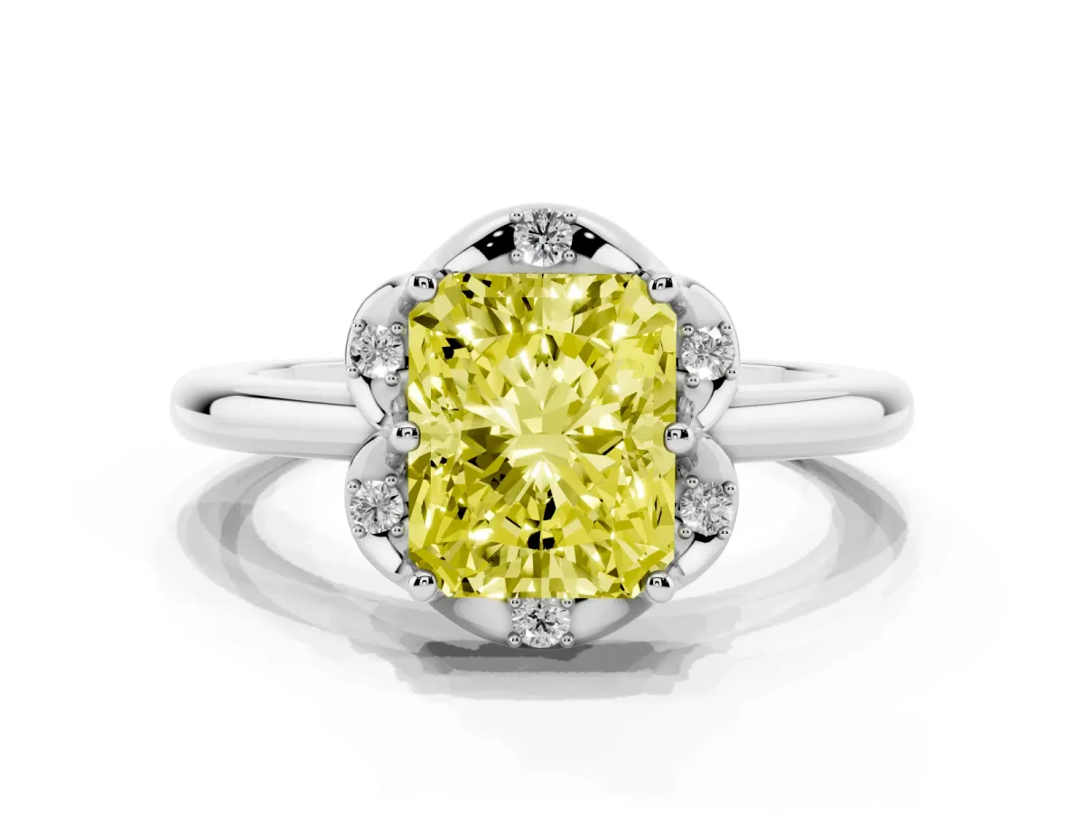 Fancy Yellow Radiant Cut Halo Diamond Ring with Round Cluster Setting, Solitaire Band, and Four-Prong Setting Platinum
