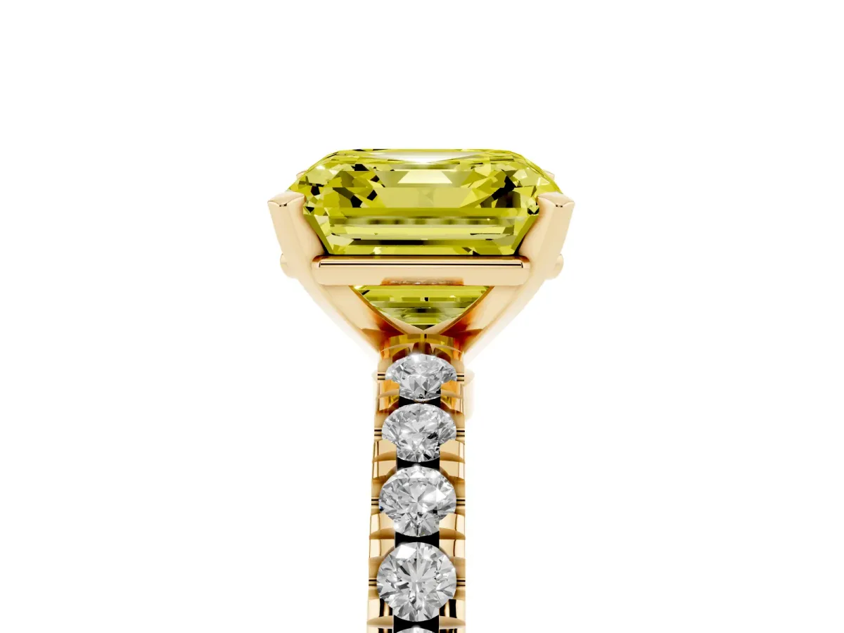 Fancy Yellow Asscher Cut Solitaire Diamond with Pavé Band and Four-Prong Setting Yellow gold