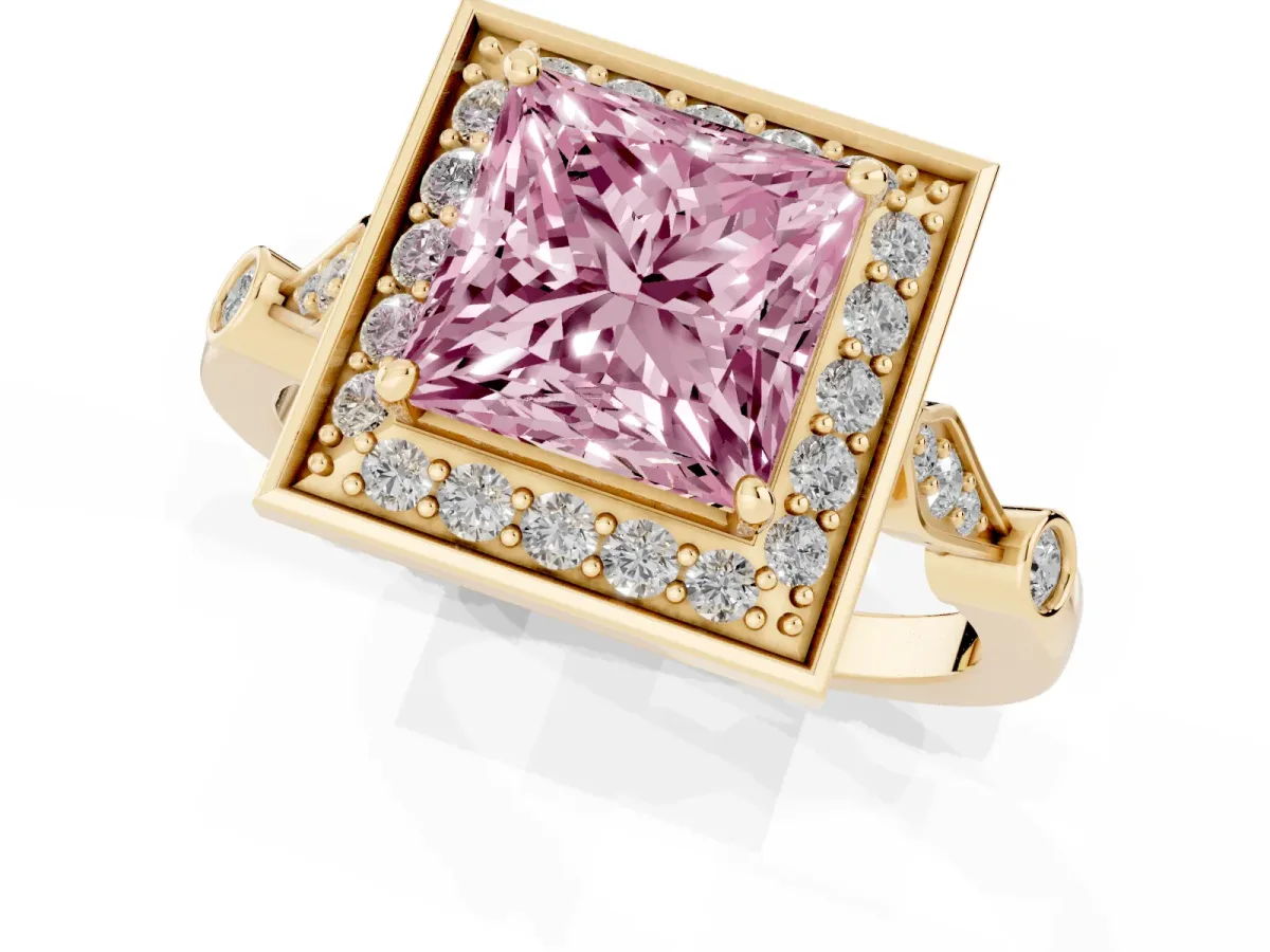 Fancy Pink Princess Cut Halo Diamond Engagement Ring with Twisted Band and Four-Prong Setting Yellow gold
