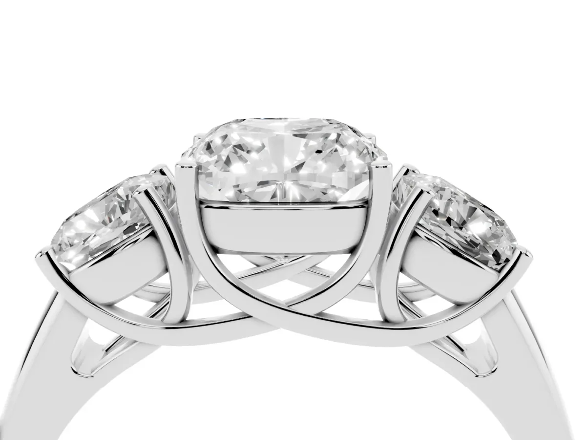 Three-Stone Cushion Cut Diamond Engagement Ring with Prong Setting Silver