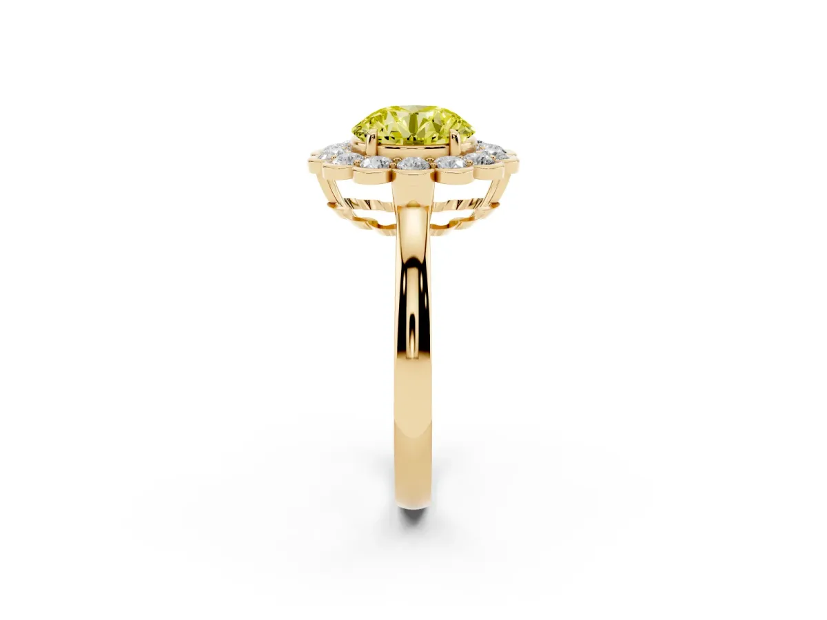 Fancy Yellow Round Cut Halo Cluster Diamond Engagement Ring with Solitaire Band and Prong Setting Yellow gold