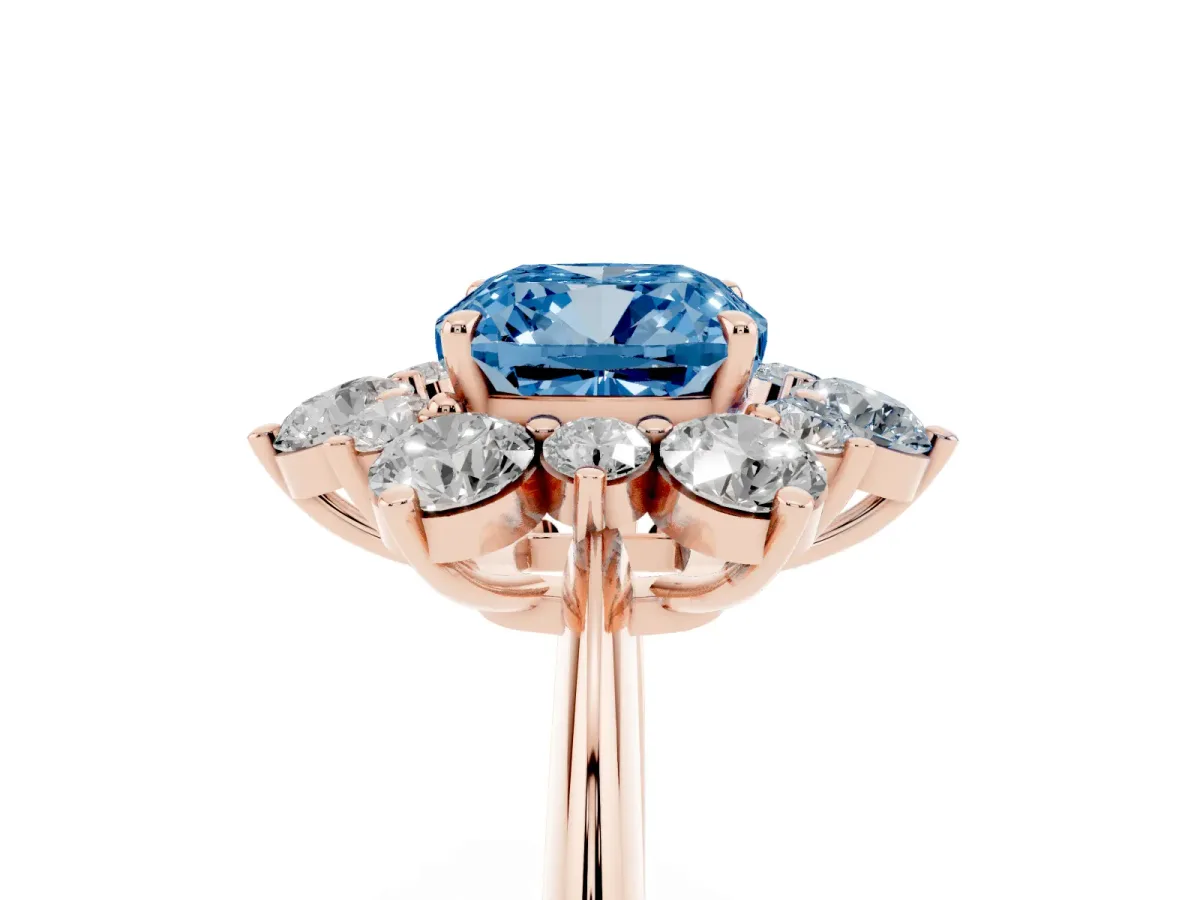 Fancy Blue Cushion Cut Diamond Cluster Halo Ring with Solitaire Band and Four-Prong Setting Rose gold
