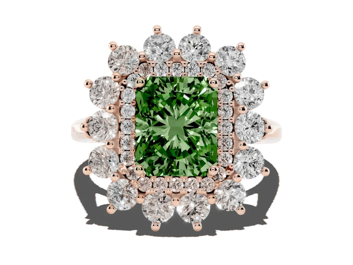 Fancy Green Radiant Cut Diamond Floral Double Halo Engagement Ring with Prong Setting Rose gold