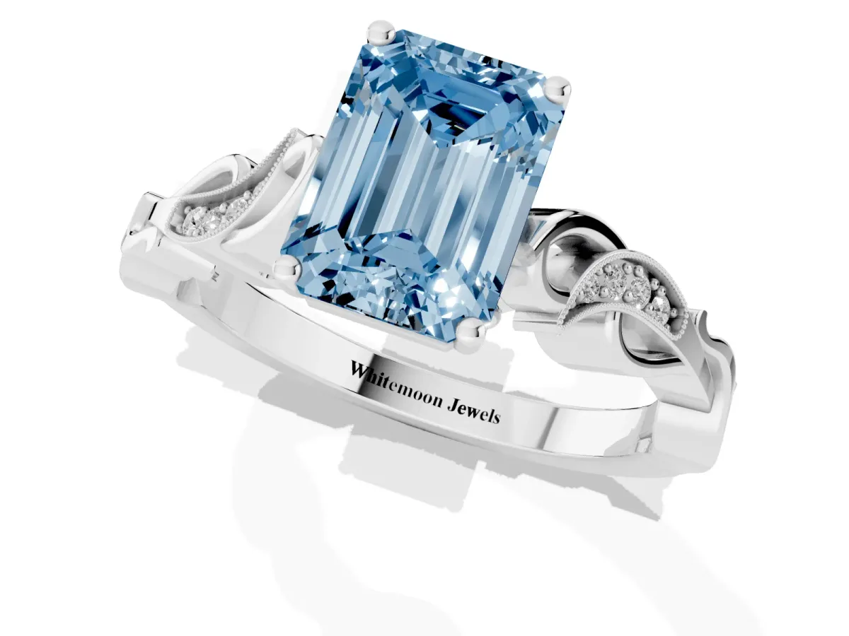 Fancy Blue Emerald Cut Solitaire Vine Band with Milgrain Prong Setting Platinum