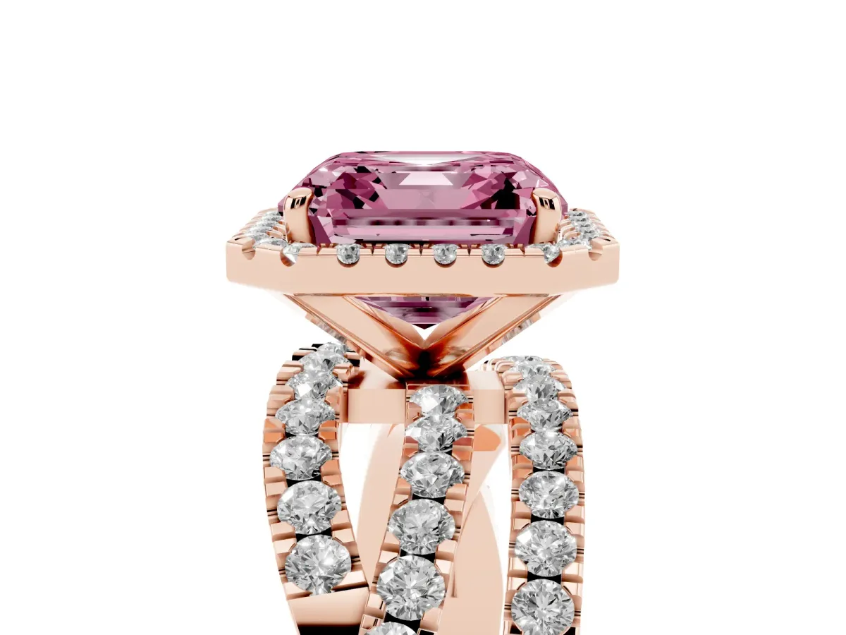 Fancy Pink Asscher Cut Diamond Halo Ring with Round Split Shank and Prong Setting Rose gold