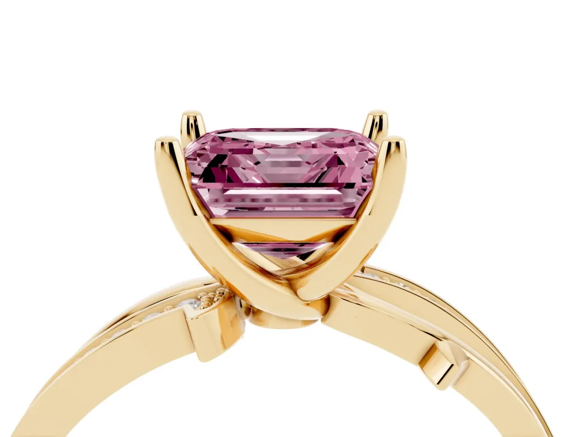 Fancy Pink Asscher Cut Solitaire Twist Band with Pavé Accents and Four-Prong Setting Yellow gold