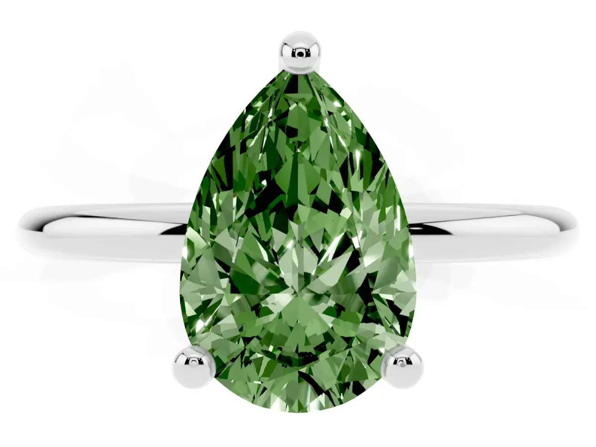 Fancy Green Pear Cut Solitaire Diamond Ring with 4-Prong Setting on a Classic Band Silver
