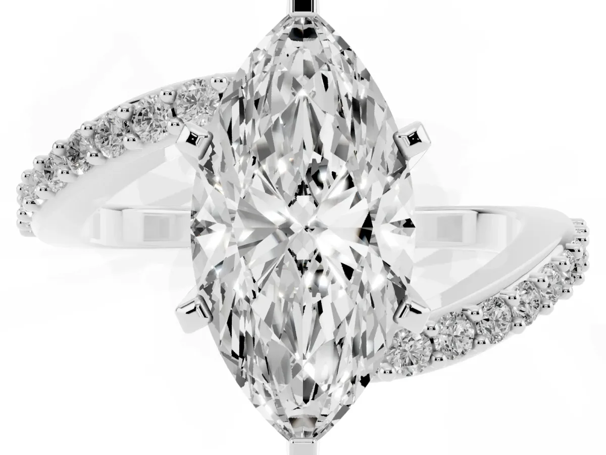 Marquise Cut Solitaire Twist Band with Pave Set Diamonds and Four-Prong Setting Platinum
