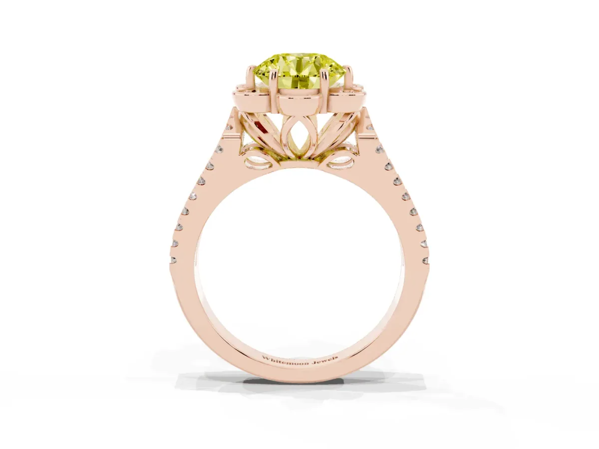 Fancy Yellow Round Cut Halo Diamond Floral Split Shank Engagement Ring Rose gold