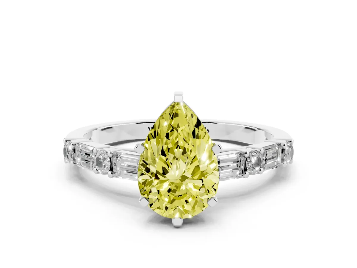 Fancy Yellow Pear Cut Diamond Solitaire with Side Baguettes and Channel Set Band Silver