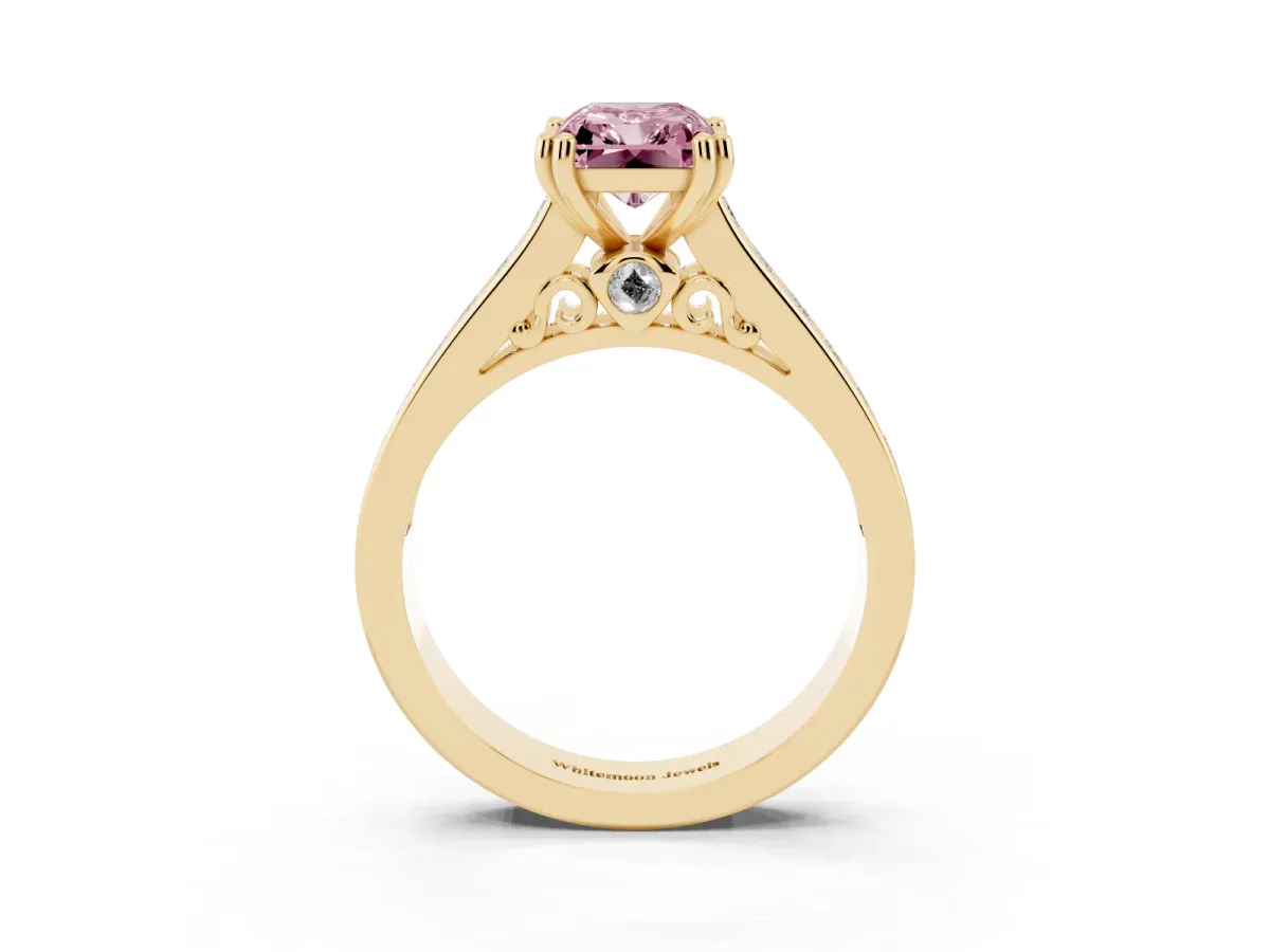 Fancy Pink Radiant Cut Cut Channel Set Solitaire Engagement Ring with Prong Setting Yellow gold