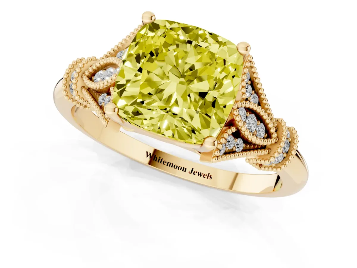 Fancy Yellow Cushion Cut Diamond Solitaire Ring with Floral Filigree and Pave Accents Yellow gold