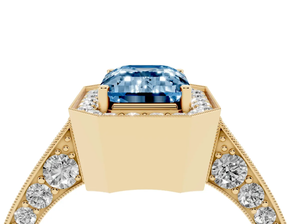 Fancy Blue Emerald Cut Halo Diamond Engagement Ring with Split Shank Band and Four-Prong Setting Yellow gold
