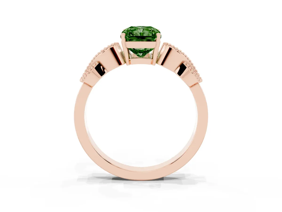 Fancy Green Princess Cut Solitaire Milgrain Leaf Band with Prong Setting Rose gold