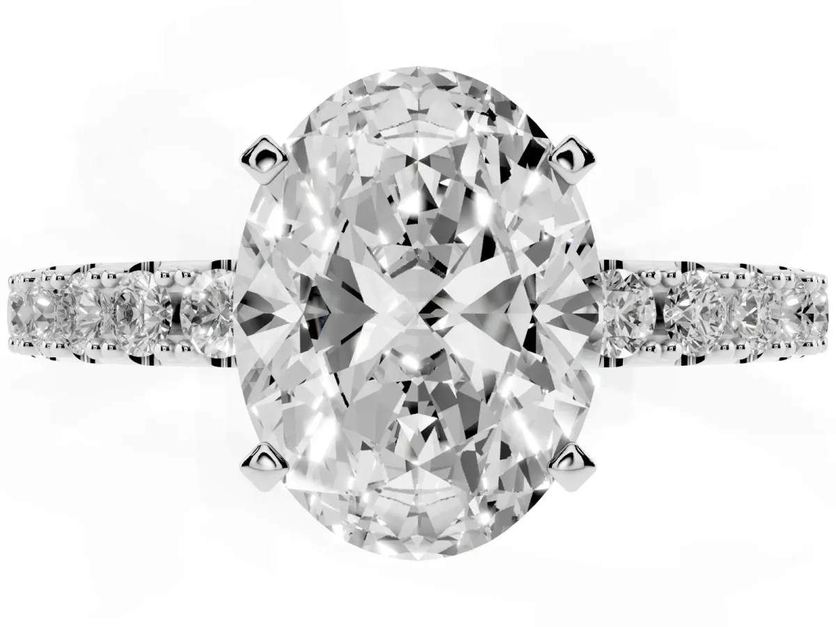 Oval Cut Diamond Solitaire Pavé Band with Four-Prong Setting Silver