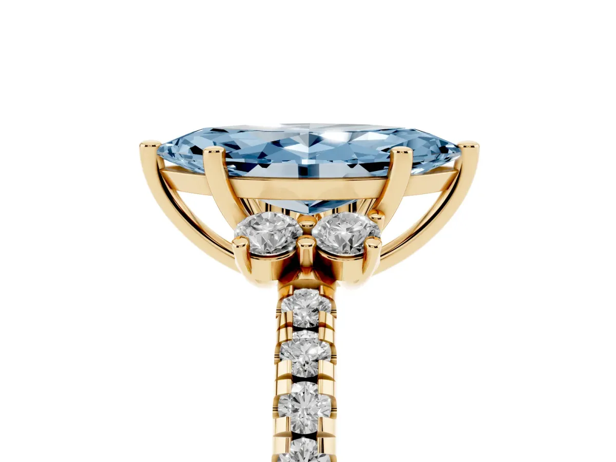 Fancy Blue Marquise Cut Diamond Three-Stone Pave Band with Four-Prong Setting Yellow gold