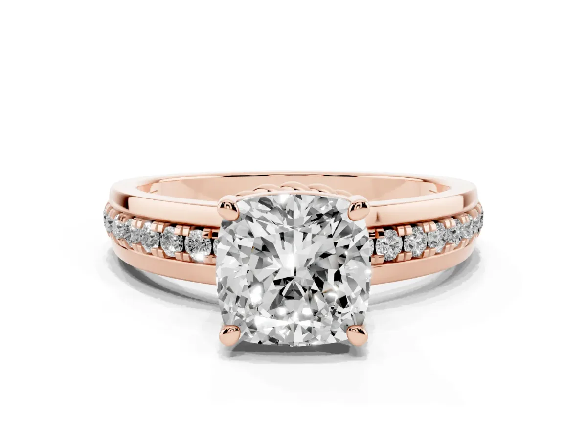 Cushion Cut Solitaire Diamond Ring with Channel Set Band and Six-Prong Setting Rose gold