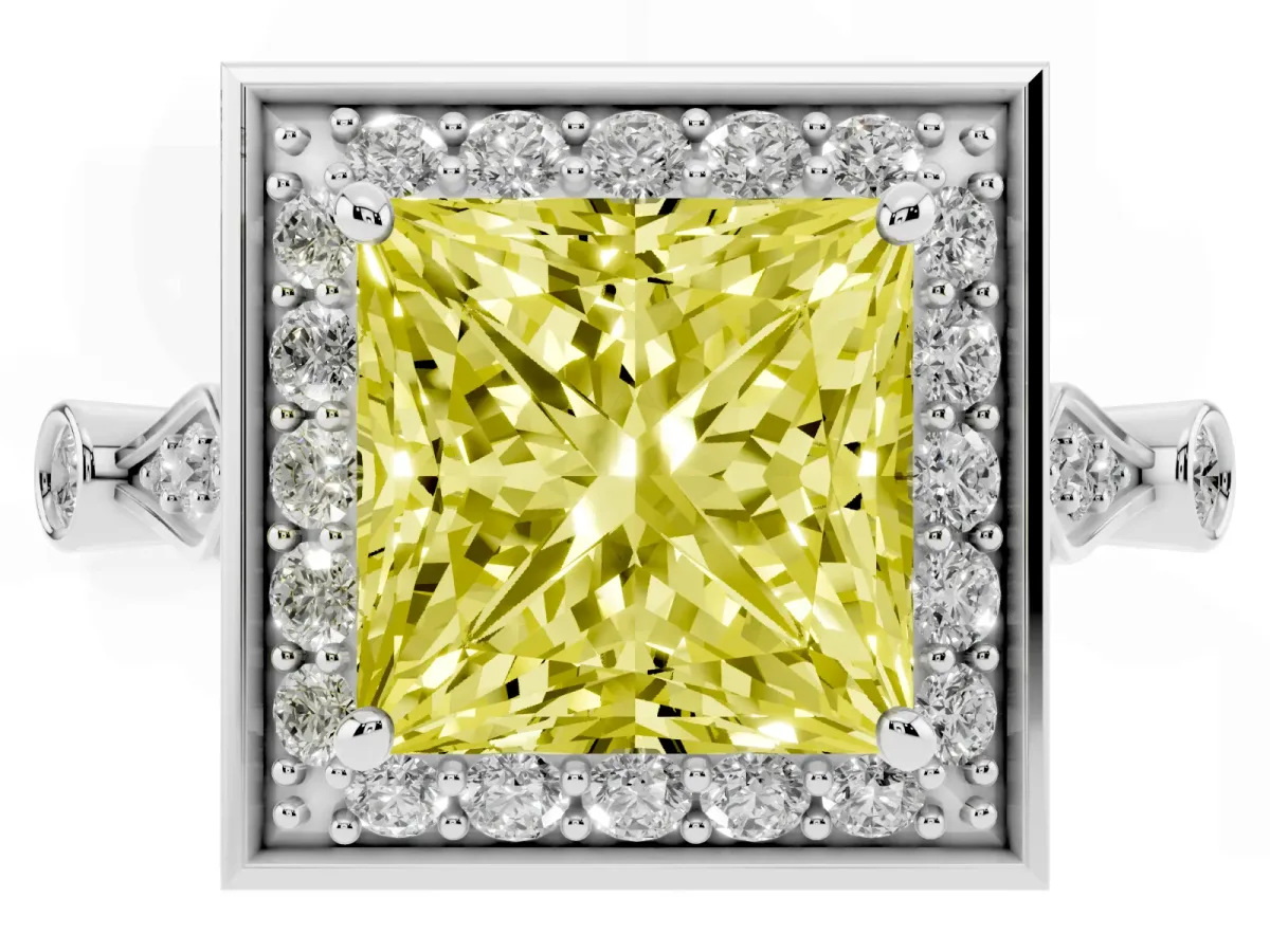 Fancy Yellow Princess Cut Halo Diamond Engagement Ring with Twisted Band and Four-Prong Setting Silver