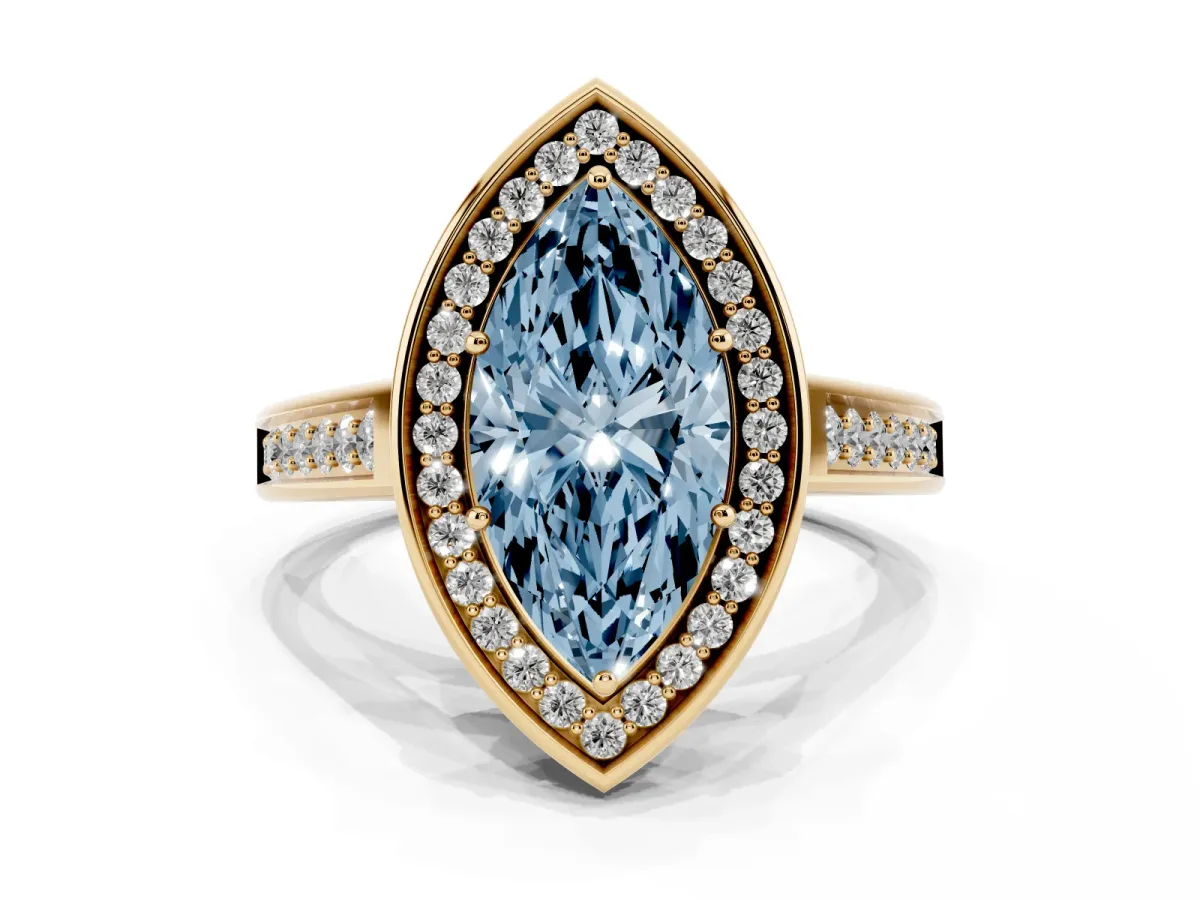 Fancy Blue Marquise Cut Halo Solitaire Diamond Ring with Pave Band and Bezel Setting Yellow gold