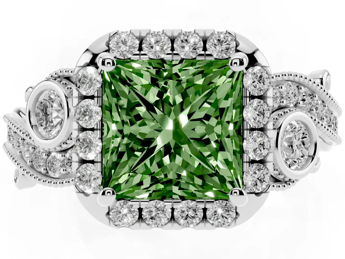 Fancy Green Princess Cut Diamond Halo Ring with Milgrain Pavé Band and Four-Prong Setting Silver