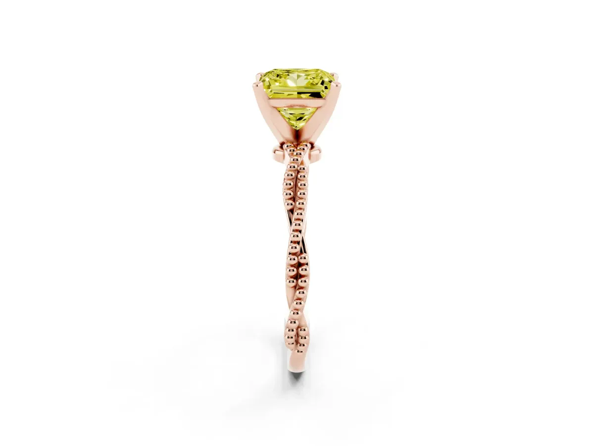 Fancy Yellow Princess Cut Solitaire Twisted Band with Bead Prong Setting Rose gold