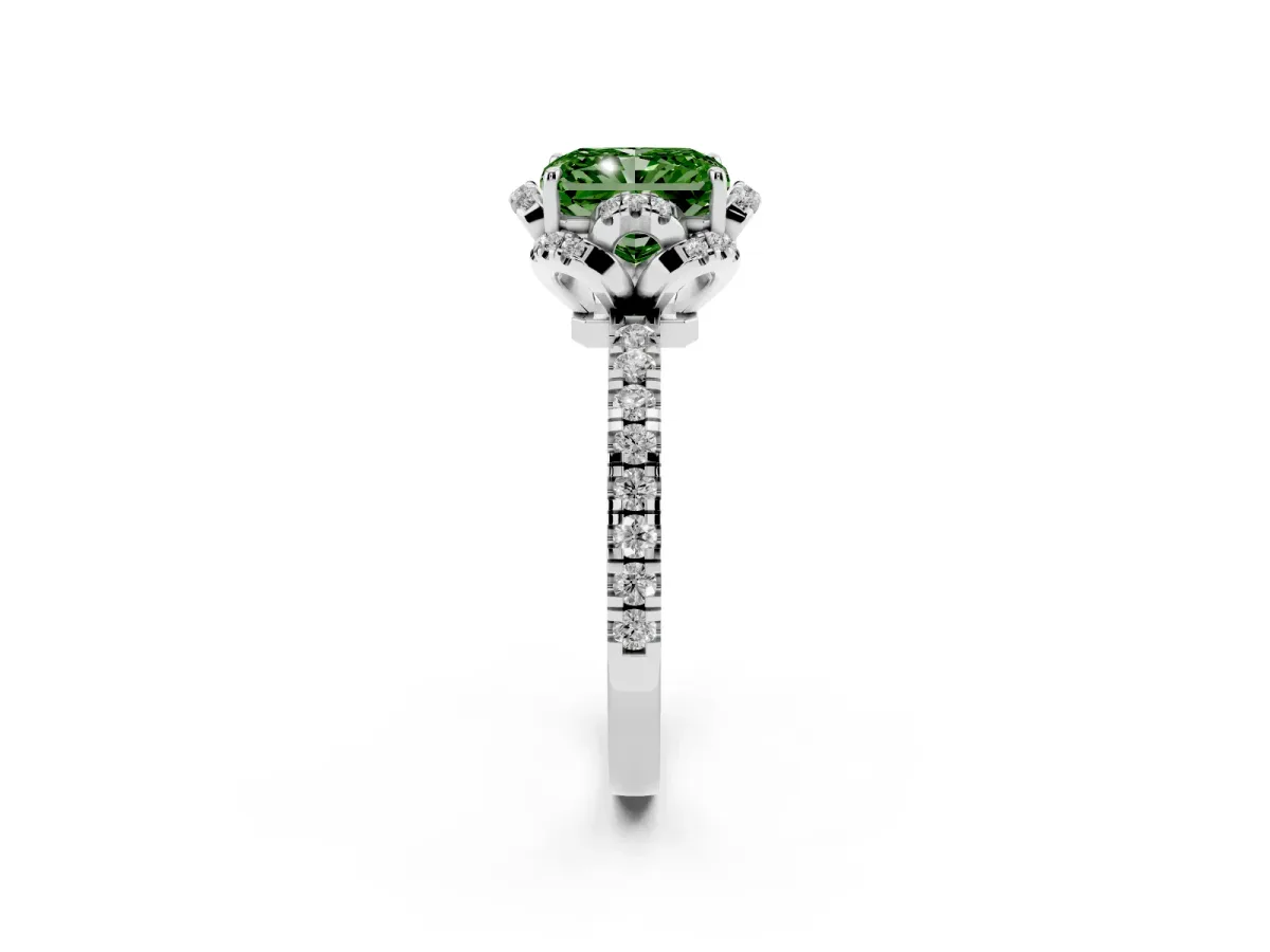 Fancy Green Radiant Cut Halo Diamond Pave Band Ring with Four-Prong Setting Platinum