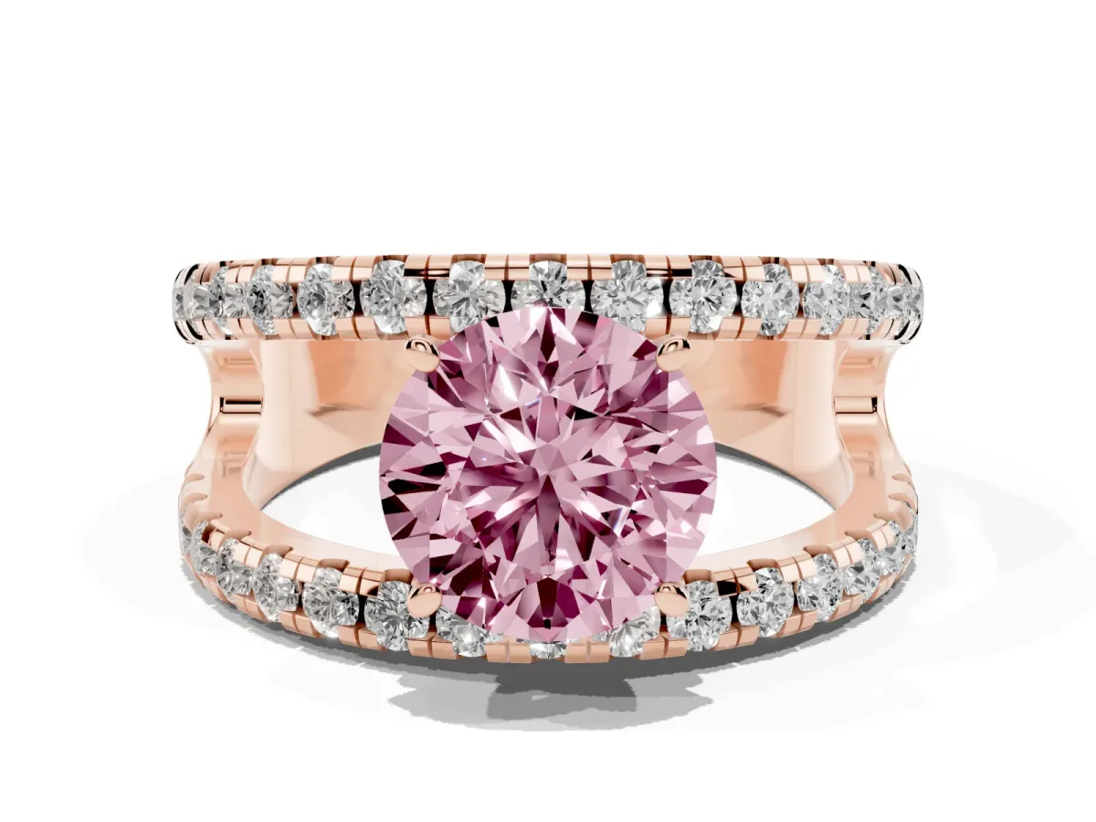 Fancy Pink Round Cut Solitaire Split Shank Pave Diamond Ring Rose gold