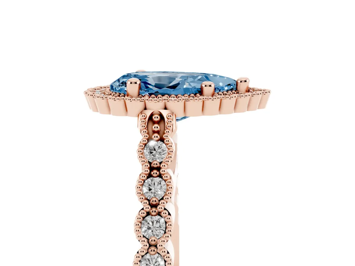 Fancy Blue Pear Cut Cut Halo Pavé Solitaire Ring with Milgrain Band Rose gold